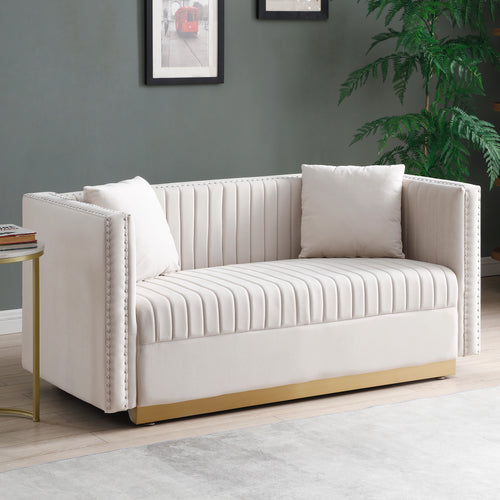 Beige Velvet Channel Tufted Loveseat 61" Gold Base 2-Seat