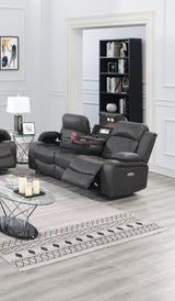 Power Motion Sofa Contemporary Charcoal Gel Leatherette Storage Arms