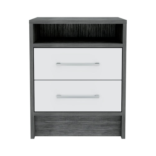 Nightstand with Two Drawers and Cabinet, Smokey Oak/White