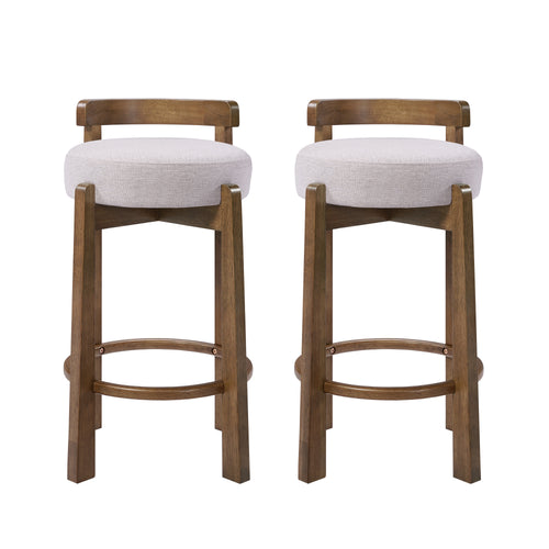 Elise Indoor Minimalist Rubber Wood Counter Height Bar Stool with Ring Footrest, Dark Walnut Finish with Ivory Upholstery, Set of 2