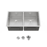33"x19" Double Bowl Undermount Kitchen Sink Brushed Handmade