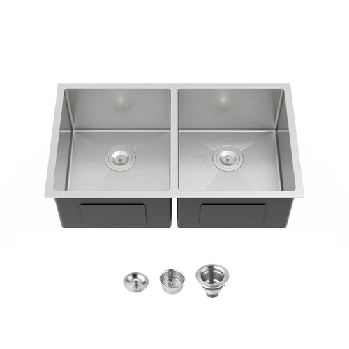 33"x19" Double Bowl Undermount Kitchen Sink Brushed Handmade