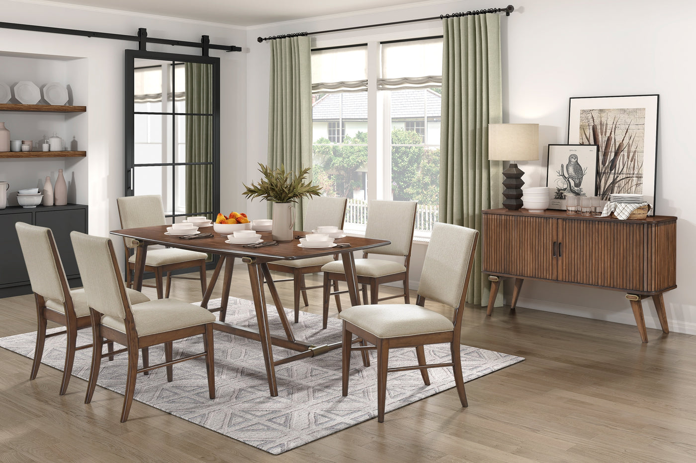 7pc Dining Set Table 6 Side Chairs Brown Wood Fabric Seat