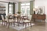 7pc Dining Set Table 6 Side Chairs Brown Wood Fabric Seat