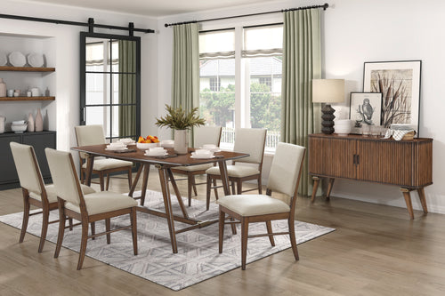 7pc Dining Set Table 6 Side Chairs Brown Wood Fabric Seat