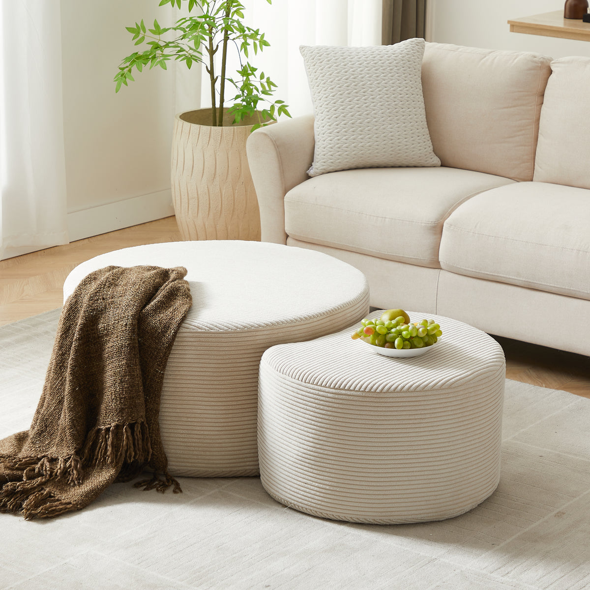 Round Corduroy Nesting Tables Set of 2 Beige