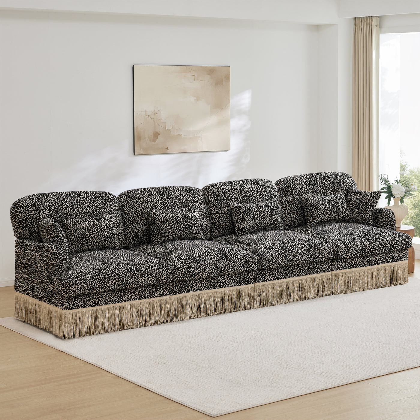 Sectional Sofa Modular Chenille Leopard Print Khaki 4 Seat Deep Seat