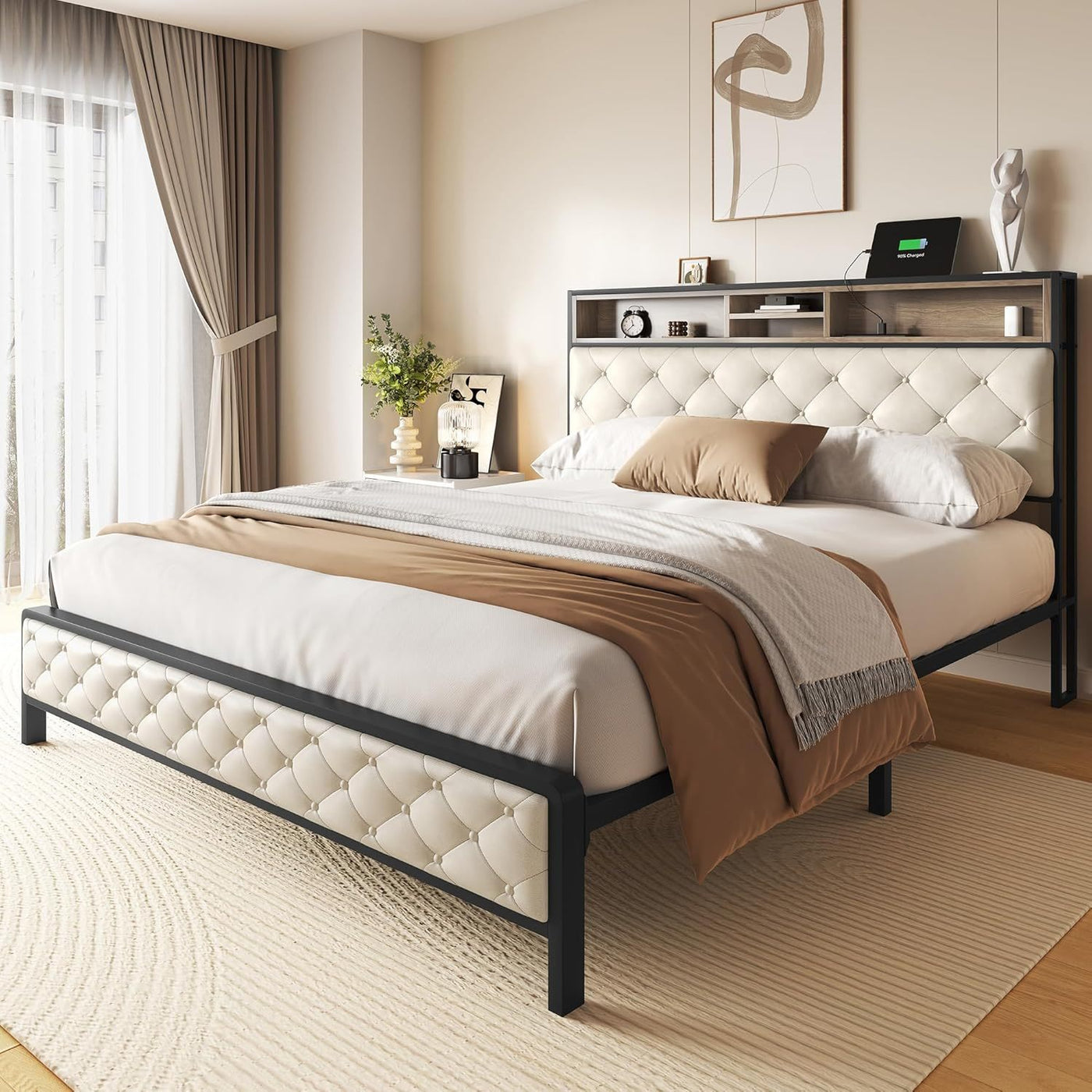 Queen Platform Bed Frame with Charging Station and Storage
