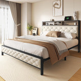 Queen Platform Bed Frame with Charging Station and Storage