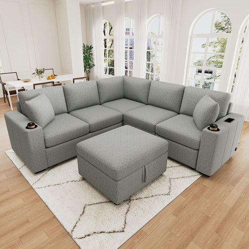 84" Sectional Sofa Convertible Pull-Out USB Gray