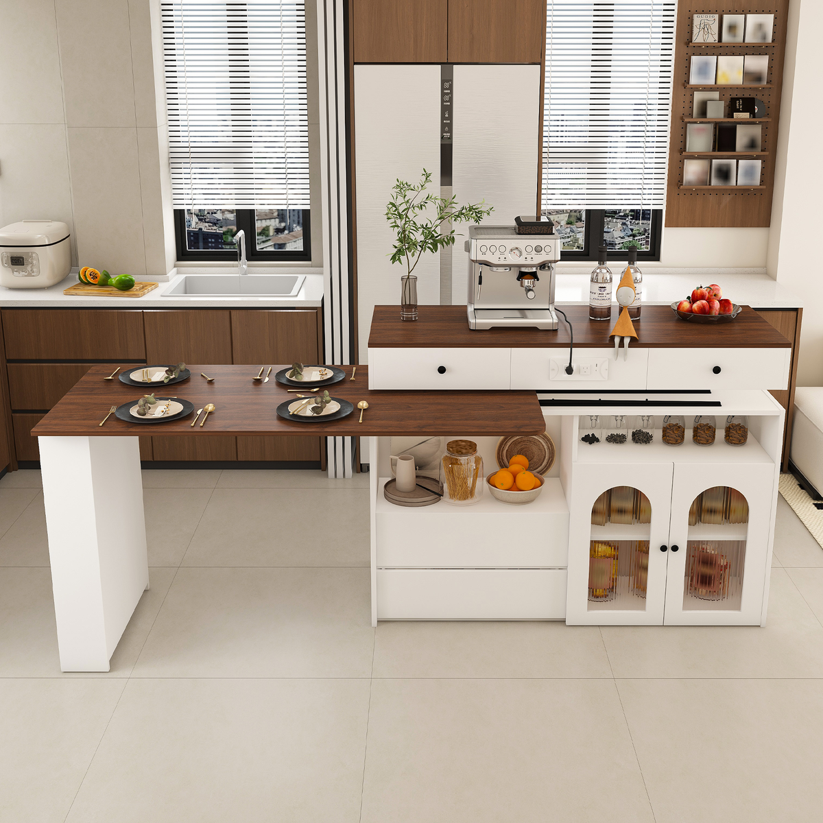 Kitchen Island with Extendable & Rotating Table, MDF with Walnut Veneer Retro De