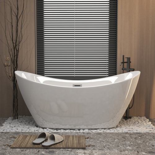 Modern Acrylic Freestanding Tub, Gloss White, Chrome Overflow and Pop-Up Drain