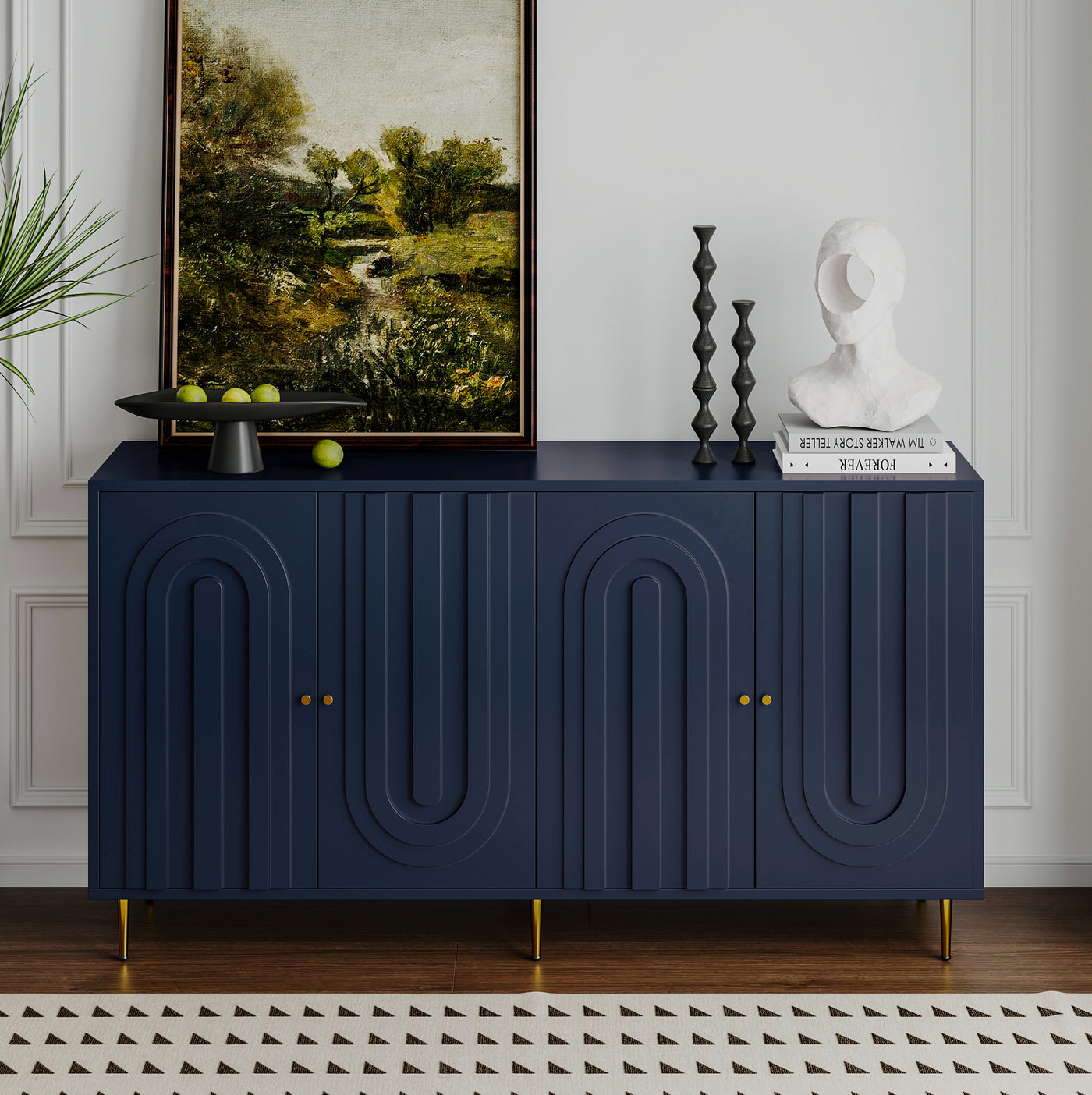 Modern Blue Lacquered 4 Door Wooden Cabinet Sideboard