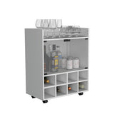 Bar Cart - White - 8 Bottle Racks - Glass Door - Casters - 32"H