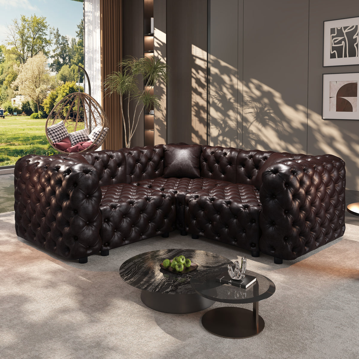 3-Seat Faux Leather Sofa Tufted Brown 75"