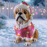 Christmas Pug Statue, Holiday Dog Figurine in Pink Santa Outfit