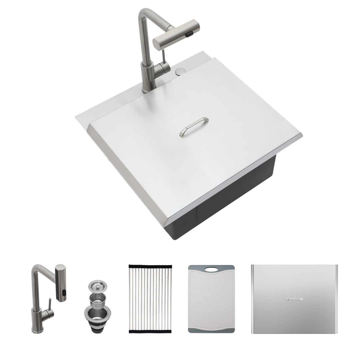21 Inch Drop in Kitchen Sink with Pull-out Faucet and Sink Cover, Stainless Stee
