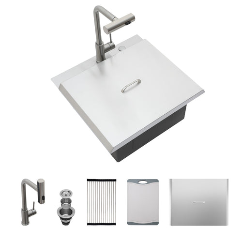 21 Inch Drop in Kitchen Sink with Pull-out Faucet and Sink Cover, Stainless Stee