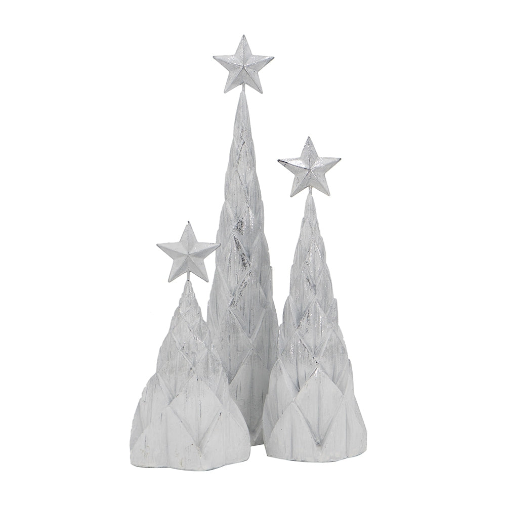 Resin Christmas Tree Set 3-Piece White Silver Foil Star Top