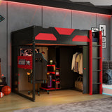 Full Size Wood Loft Bed with Desk, Multi-storage Shelves,USB and RGB Light, Red