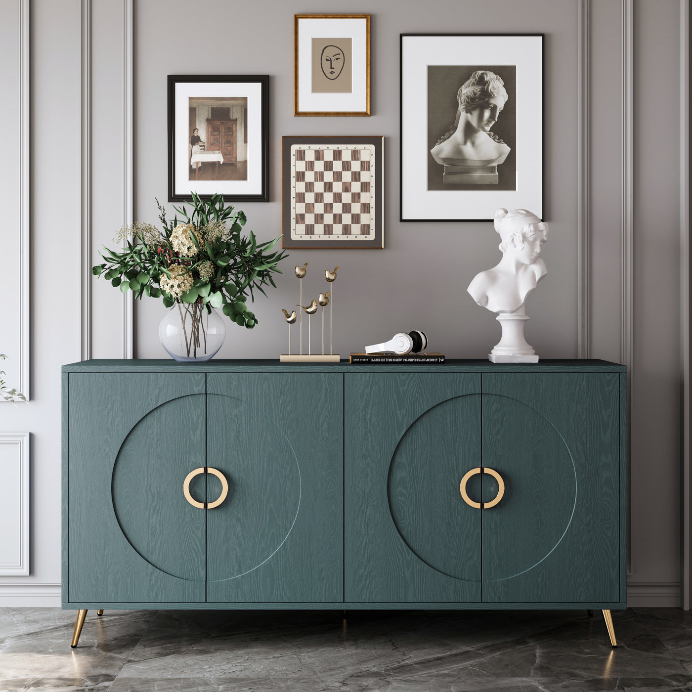60" Dark Green Wood Grain 4-Door Sideboard Cabinet