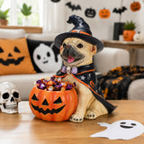 Halloween French Bulldog Witch Puppy Figurine, Cute Dog Holding Pumpkin Candy Bo