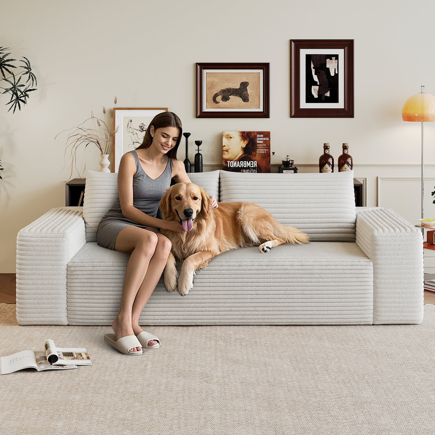71" Corduroy Fabric Deep Seat Sofa, No Assembly Required