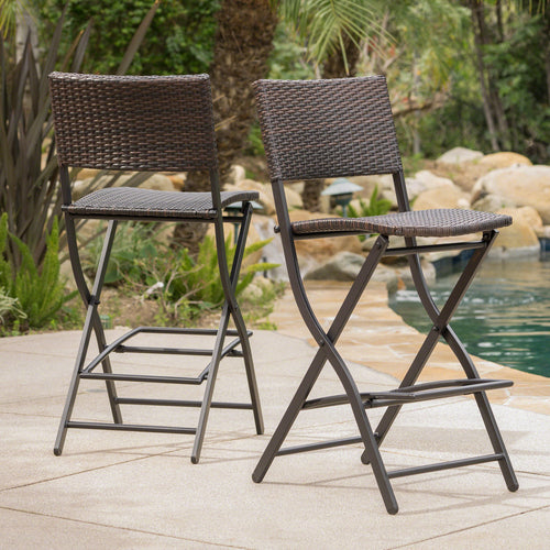 Foldable Faux Rattan Outdoor Bar Stools, Set of 2