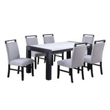 7pc Modern Dining Set White Marble Top Charcoal Chairs