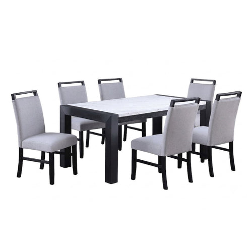 7pc Modern Dining Set White Marble Top Charcoal Chairs