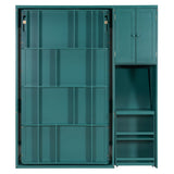 Twin Size Rotating Wall Murphy Beds with Bookshelf, Top Cabinet, Extendable Desk & Side Storage, Teal