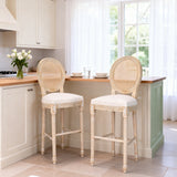 French Country 30" Bar Stools Set of 2 Beige Rattan Linen