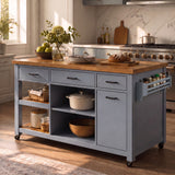 52" Kitchen Island Cart with Rubber Wood Top, Rolling Kitchen Island