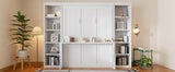 White Queen Size Murphy Bed with Desk and Bookshelf, Pine Wood + MDF, 116.9''L x 84.6''W x 86.8''H