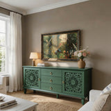 Farmhouse TV Stand with Hollow Carved Doors, Vintage Sideboard Buffet Storage Ca