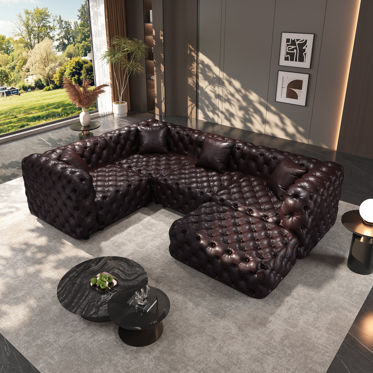 4-Seat Faux Leather Sofa with Ottoman Tufted Brown