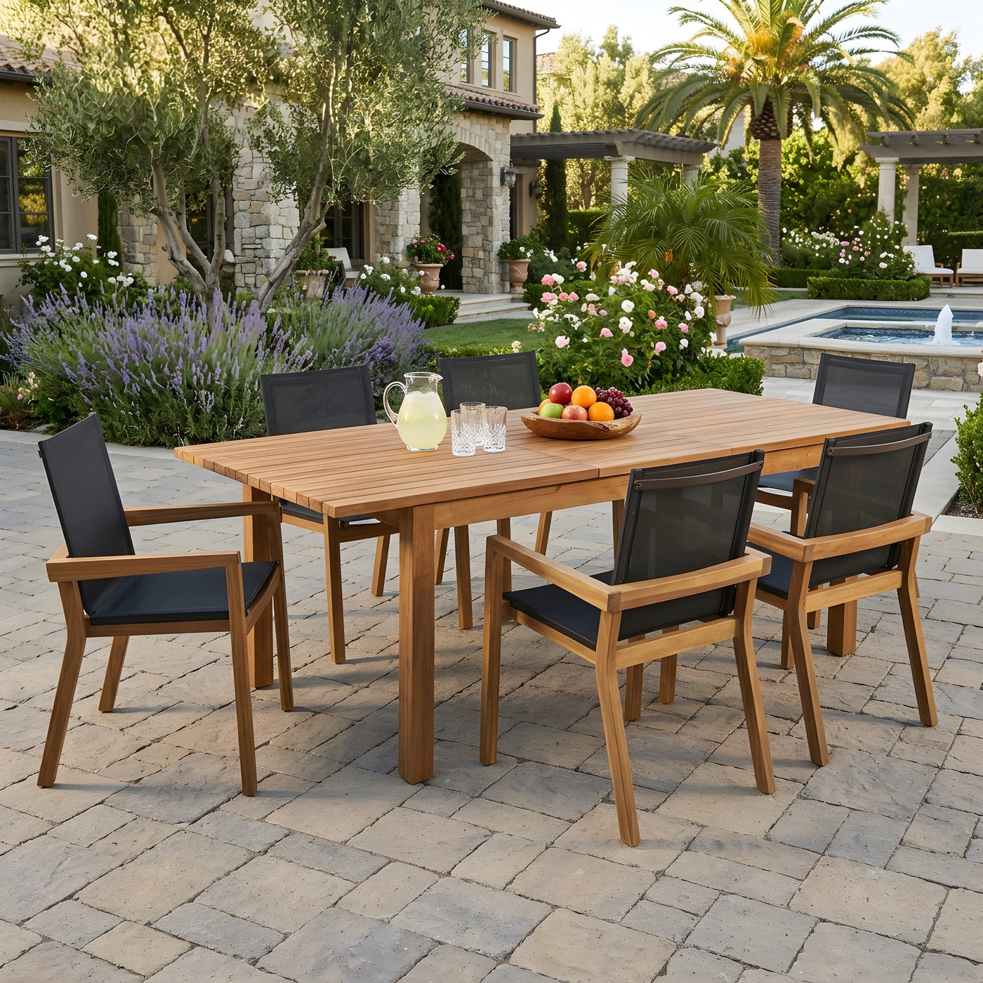 7 Pieces Acacia Wood Outdoor Dining Set s,Modern 6 Chairs 1 Large Table, Dining Furniture Set for Lawn, Backyard, Garden Deck,Poolside,Teak