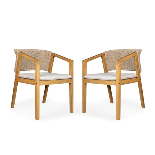 Patio Dining Chair Set of 2 in Light Teak with Rope Design Backrest, Acacia Wood and Water-Repellent Fabric