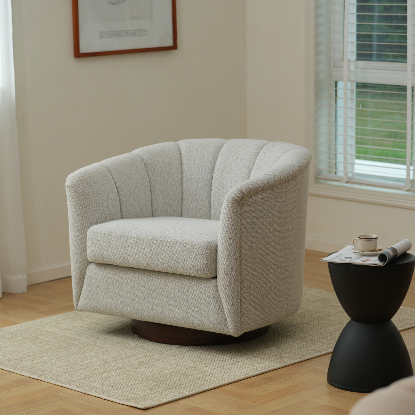 Accent Chair Swivel 360 Degree Ivory Curved Shelter Back 33x33x28 In 350 LB