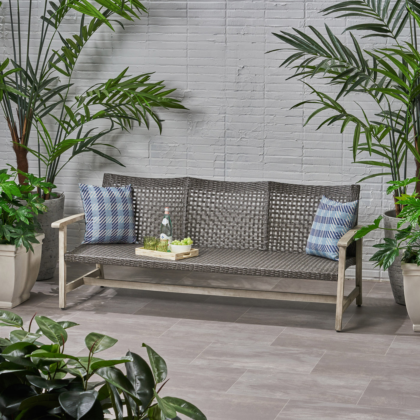 Outdoor Sofa Acacia Wood Wicker 3 Seater Gray 75.5in
