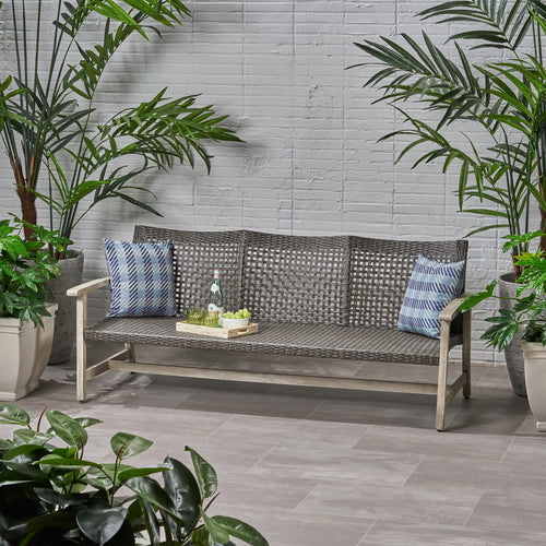 Outdoor Sofa Acacia Wood Wicker 3 Seater Gray 75.5in