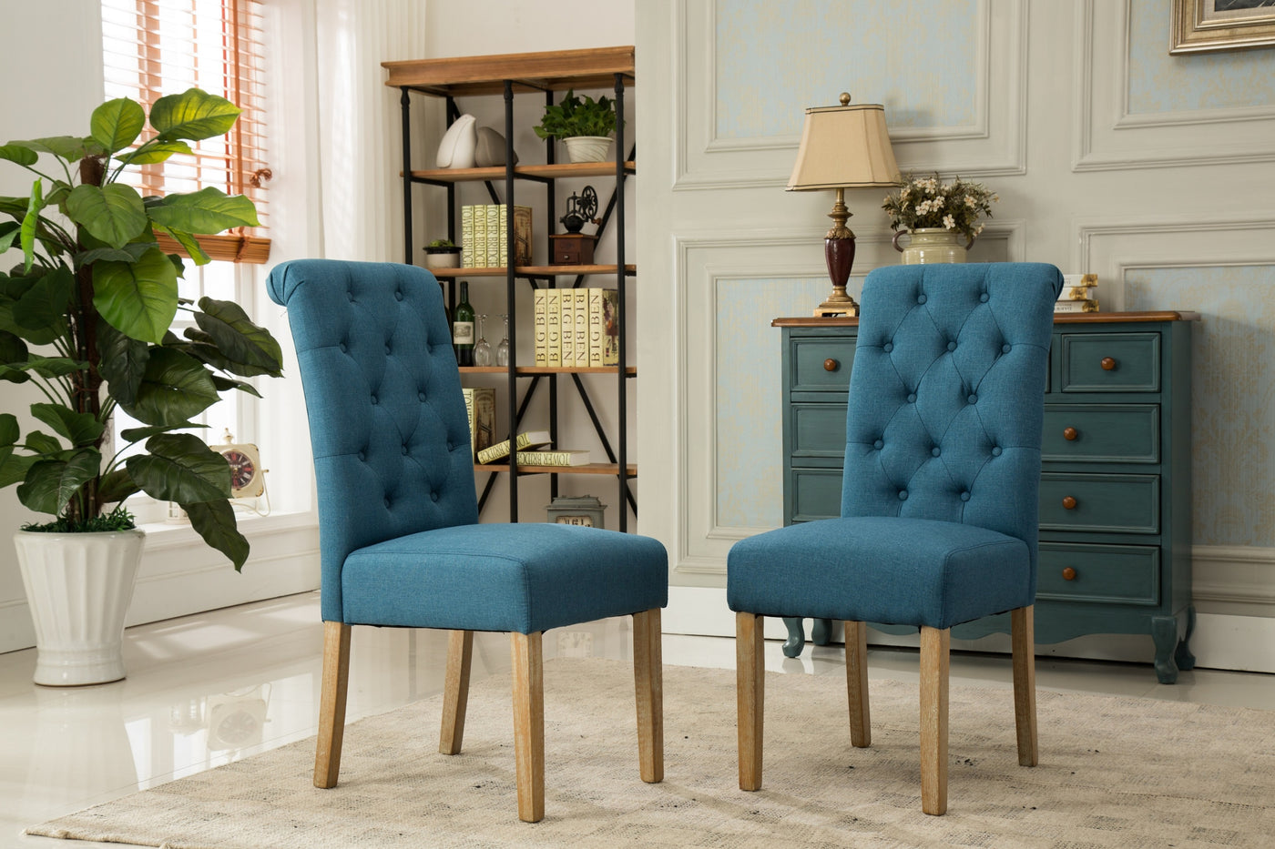 Blue Tufted Parsons Dining Chair, Set of 2, Solid Wood