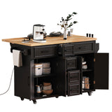 K&K 56.5'' Kitchen Island with Drop Leaf, Power Outlet, Embossed Vertical Stripe