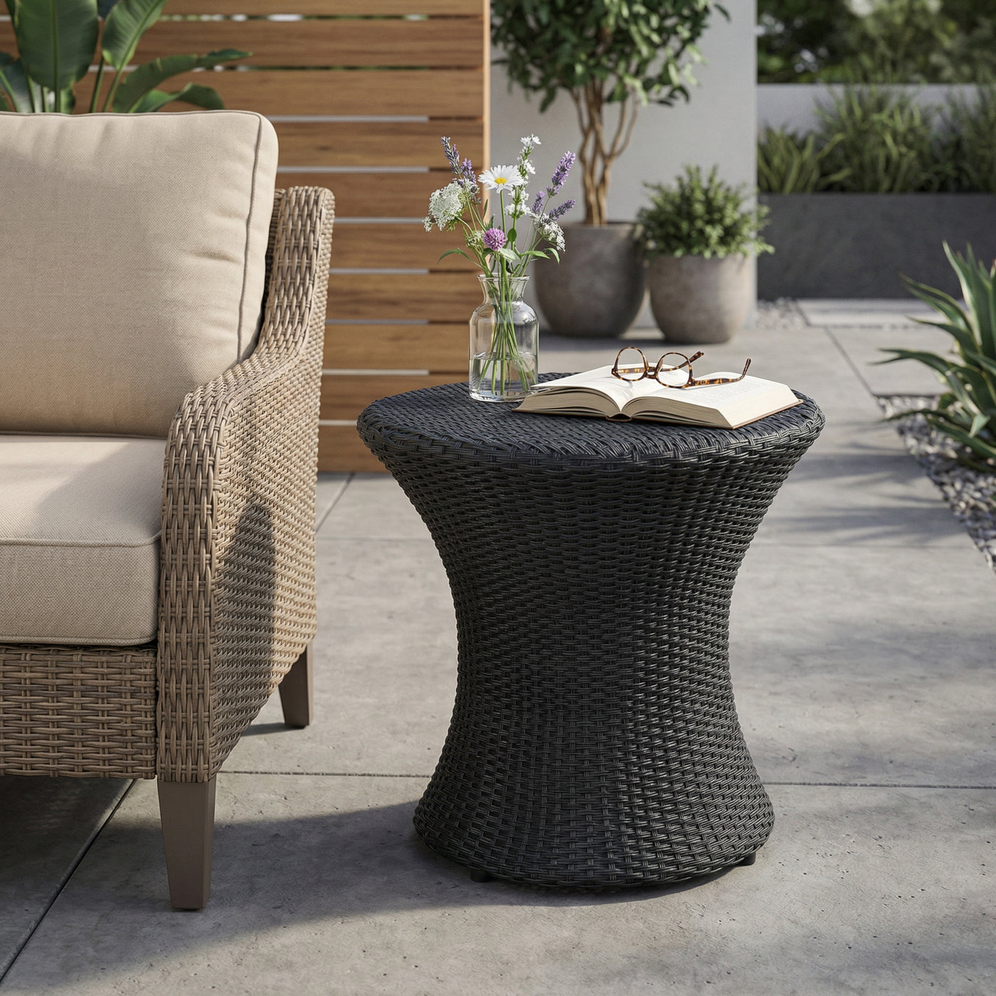 Black Rattan Hourglass Table Without Glass Top
