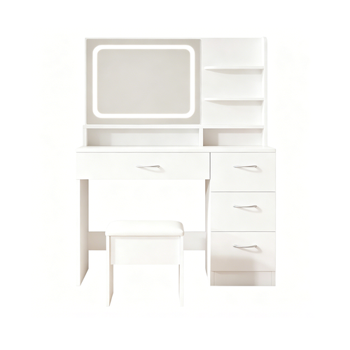 Cream White LED Mirror Vanity with Storage Drawers