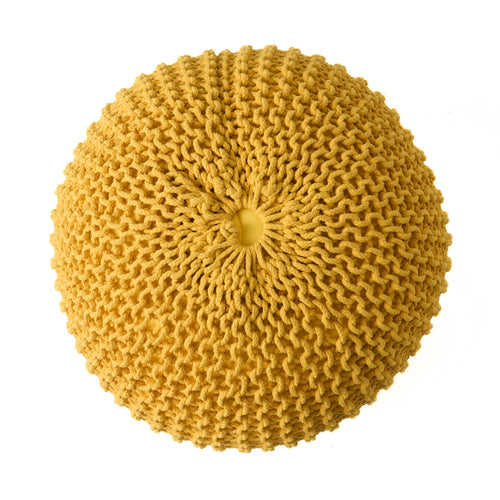 Bordeaux Knitted Cotton Round Pouf Ottoman, Yellow