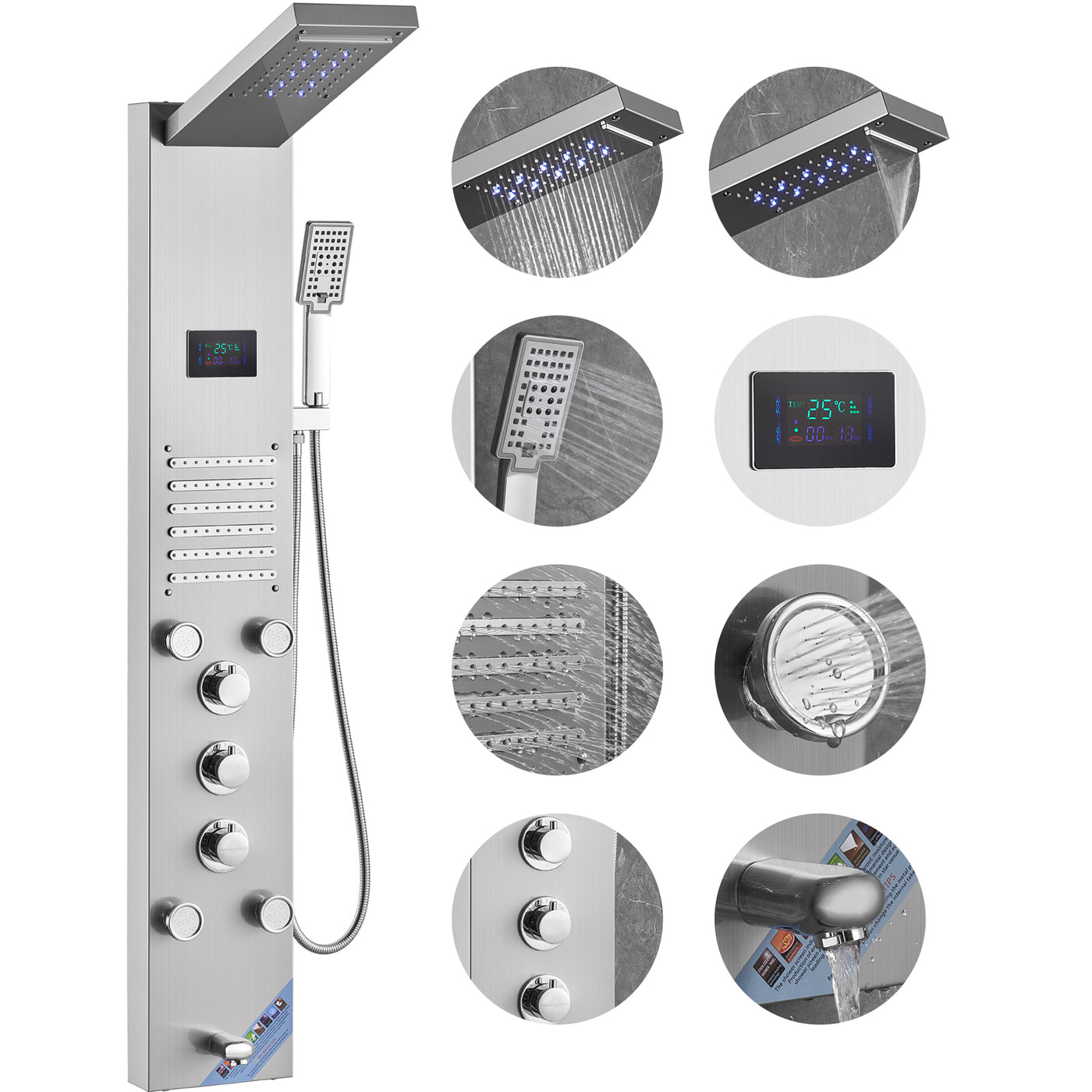 Stainless Steel Shower Panel Tower 6 Modes LED Screen Rainfall