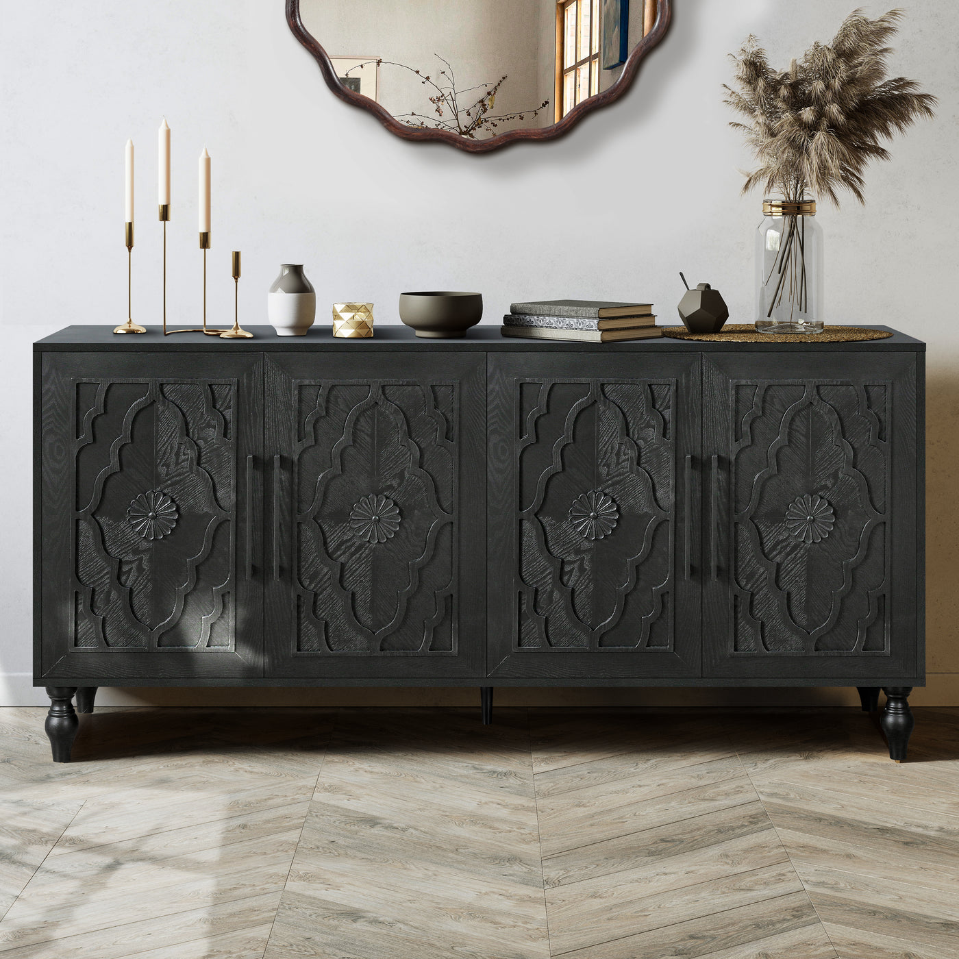 Black Carved Flower Large Storage Cabinet with Metal Handle