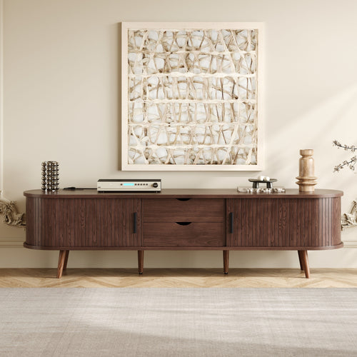 TV Stand Mid-Century Dark Brown MDF Tambour Door 2 AC 2 USB Fits 80 In TV