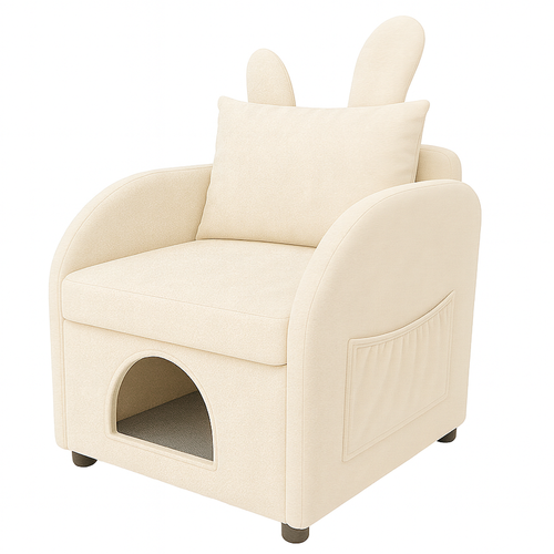 Accent Chair Bunny Ear Velvet Beige Pet Hideaway Cubby Side Pocket 27x25x37 In